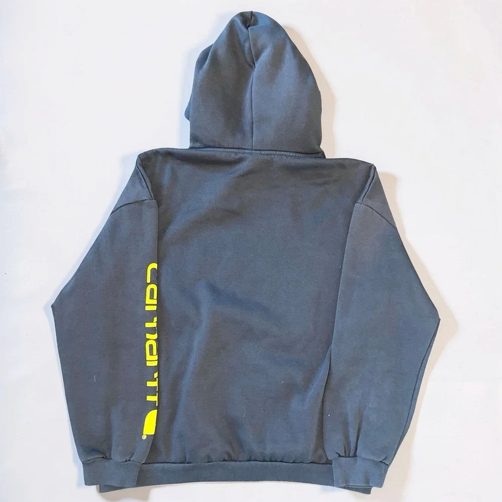 Carhartt WIP Mens L Gray Pullover Hoodie Yellow Sleeve Logo Workwear Hoodie